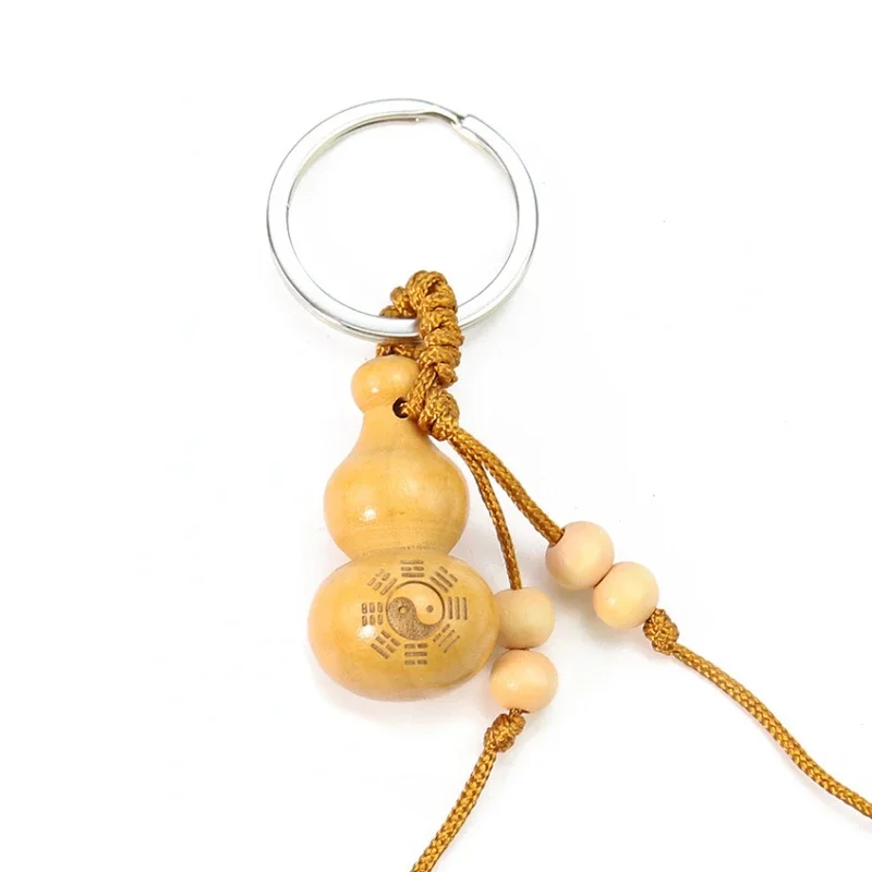 Natural Wood Gourd Pendant Keychain Fortune Bagua Yinyang Charms Chinese Taoism Buddhism Lotus Flower Hanging Calabash Jewelry