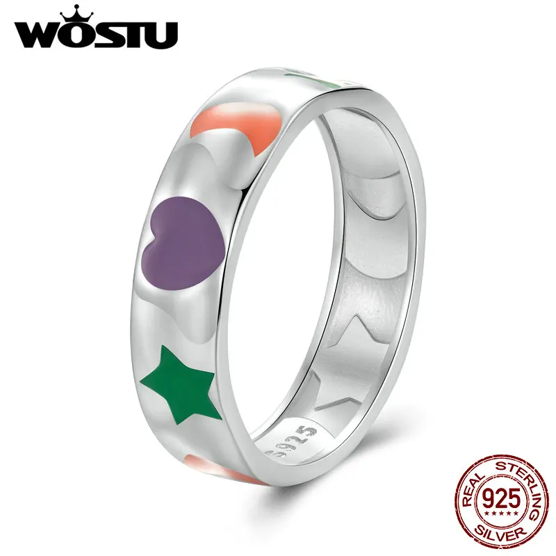 WOSTU Original 925 Sterling Silver Colors Rainbow Heart Moon Wide Ring with White Gold Plated for Women Party Gift Fine Jewelry