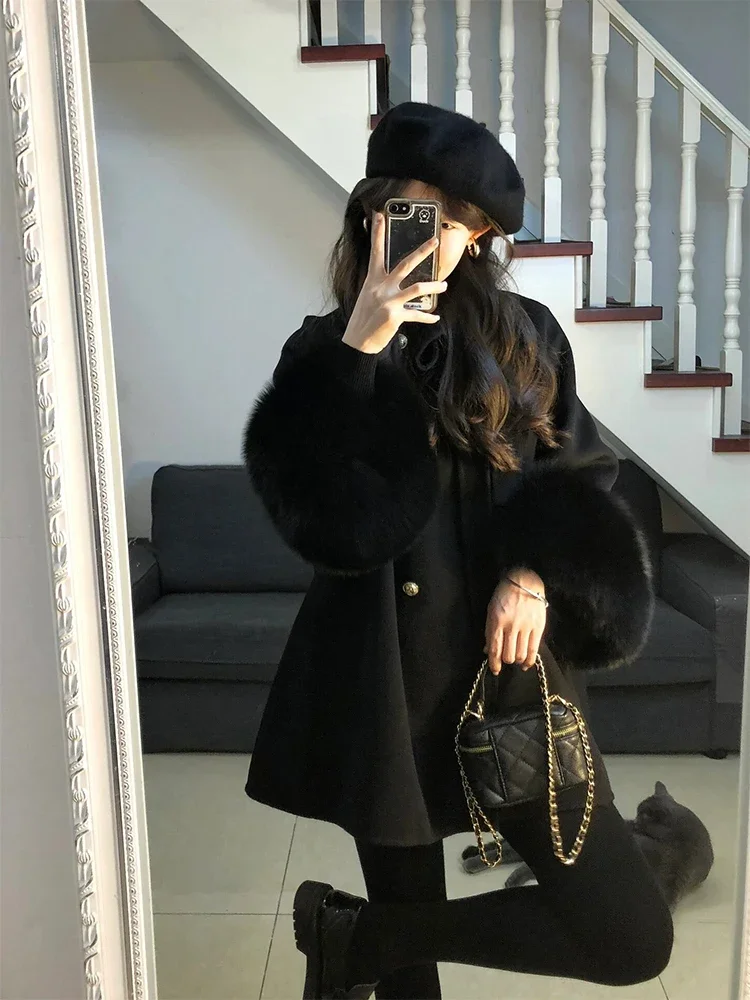 Large Size Winter High-end Woolen Coat Female 2024 New Women's Clothing Loose Long Sleeve Mid-length Wool Black Coats for Women