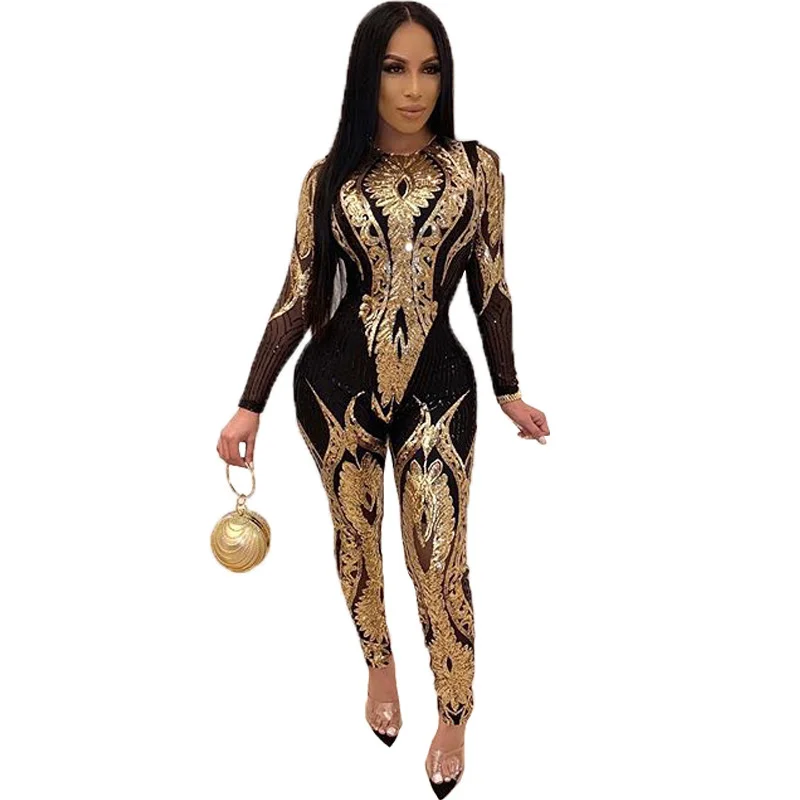 New See-through Sexy Nightclub Sequin Jumpsuit Black Gold Women Playsuit O-Neck Casual Pant Suits Stage Costumes