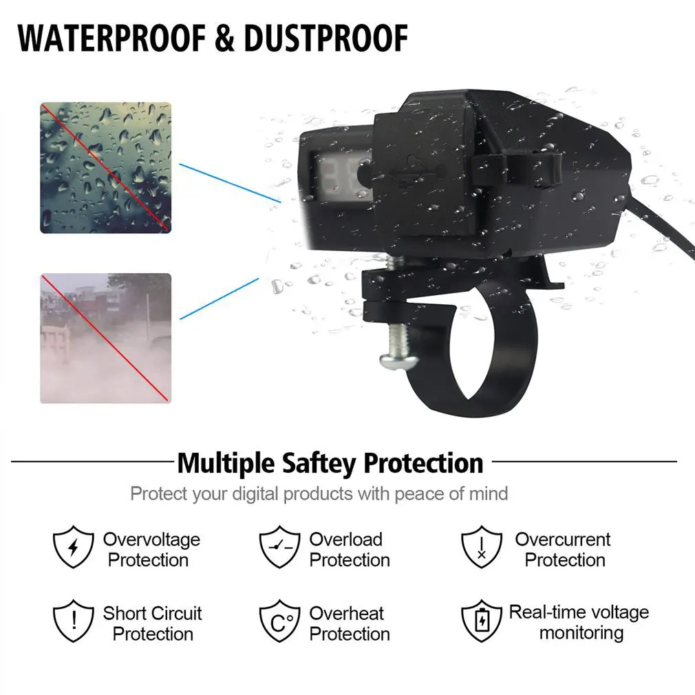 Car Motorcycle Mobile Phone Charger Adapter 10-24V Abs Waterproof Dual Usb With Switch Rv Boat Car Charger + Voltmeter