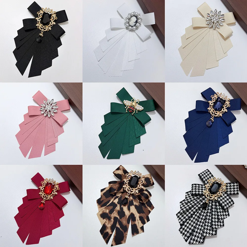 Korean Fabric Bow Brooch Rhinestone Alloy Pins for Men Women Shirt Collar Pins Bow Tie Accessory Elegant Fashion Jewelry