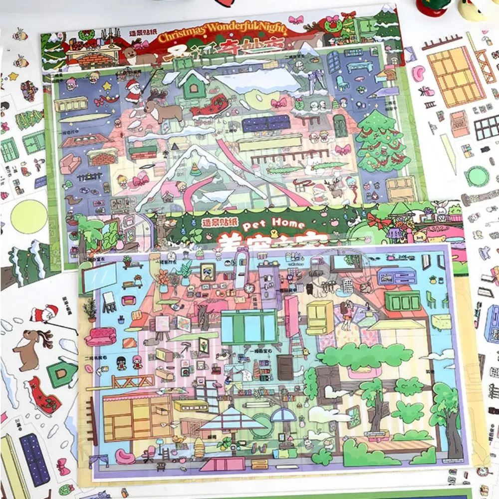 

6 Themes Miniature Landscapes Stickers Collection PET DIY Crafts DIY Cabin Scene Sticker Cartoon Town DIY Toy Game Stickers