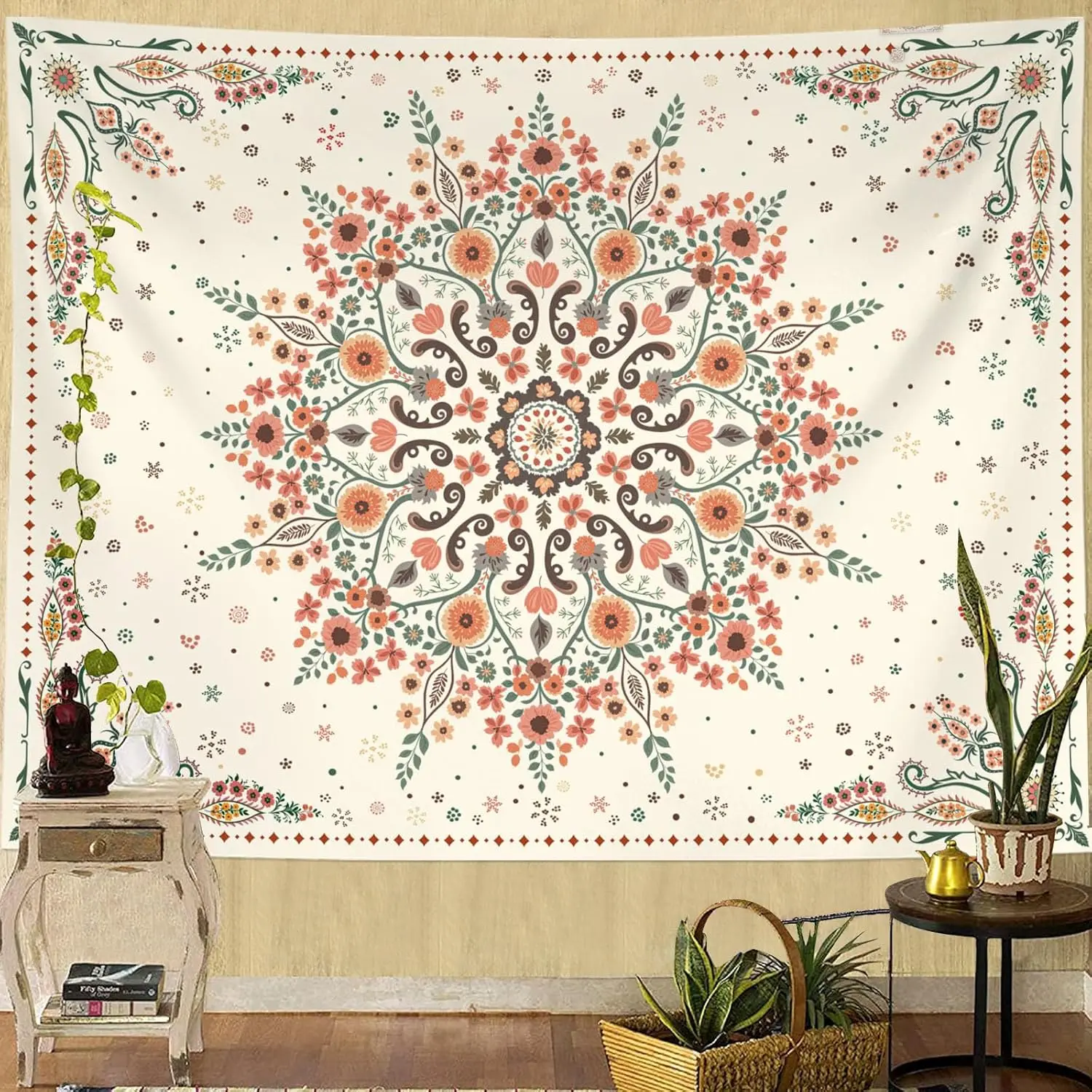Bohemian Tapestry Wall Hanging, Beige Orange Green Floral Tapestry with Mandala Flower Medallion Print Bedroom Boho Home Decor