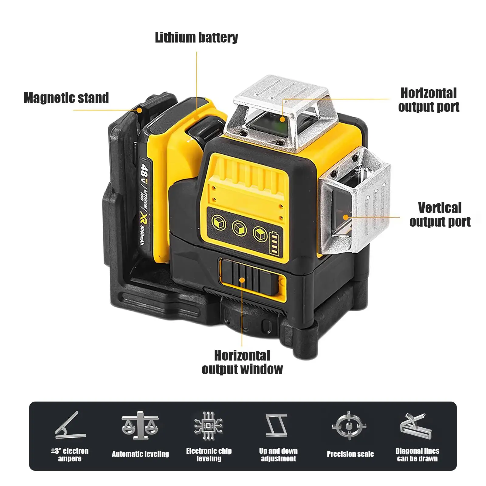 12Linien-3D-Laser-Wasserwaage, grüne Linie, selbstnivellierend, 360 horizontal und vertikal, leistungsstarker Laser-Wasserwaage mit grünem Strahl für Dewalt 20 V-Batterie – Detail 1