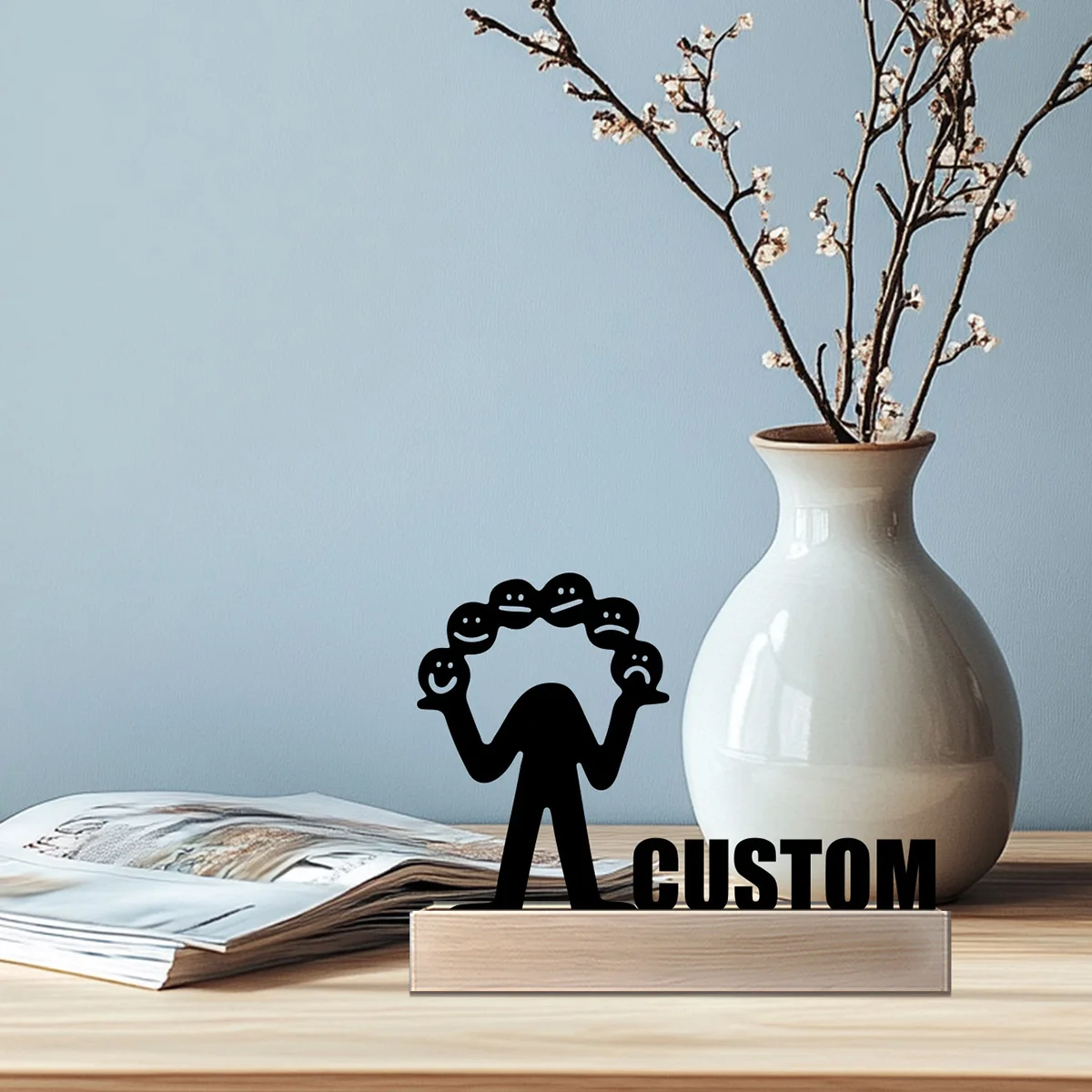 1pc Simple face Custom Name Metal Statue Metal Ornament With Wood Base Tin Sculpture Art Crafts With Wood Base