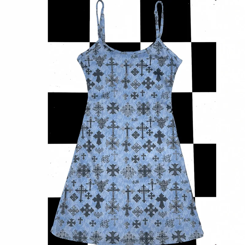 

European and American new millennium hot girl pure desire AbiY2K retro cross blue suspender dress