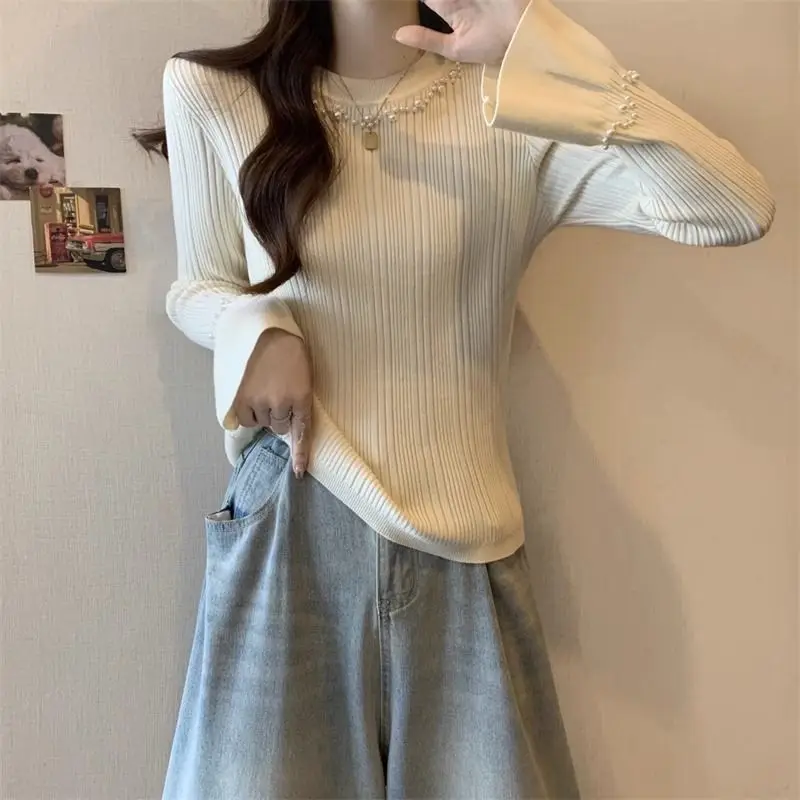 フレアスリーブニットセーター女性用ビーズスエーターデムヘール美的魅力的な Y2k ヴィンテージトップライトレッド女性プルオーバー