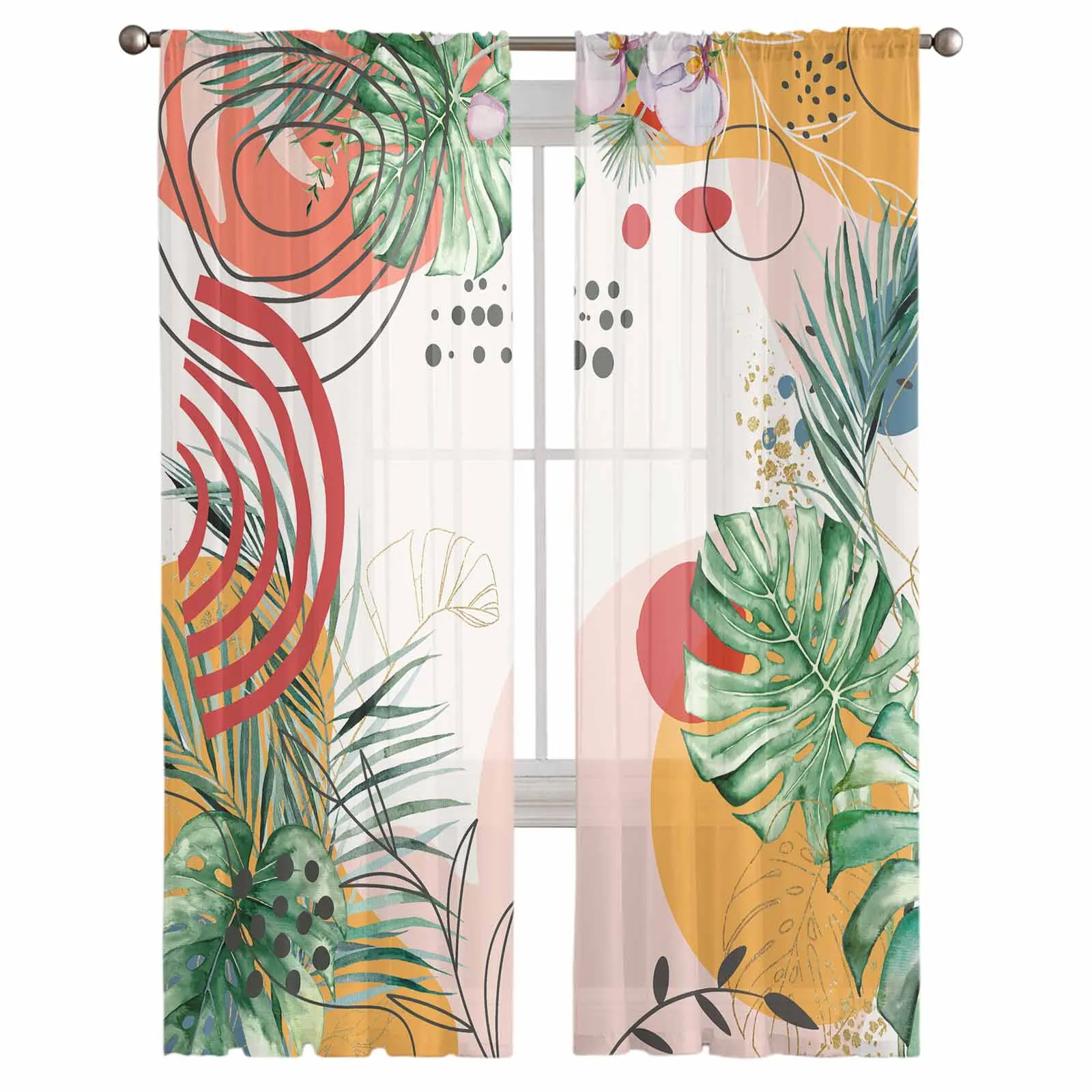 Summer Palm Leaves Abstract Art Sheer Tulle Curtains for Living Room Valance Curtains Kitchen Bedroom Window Voile Drapery