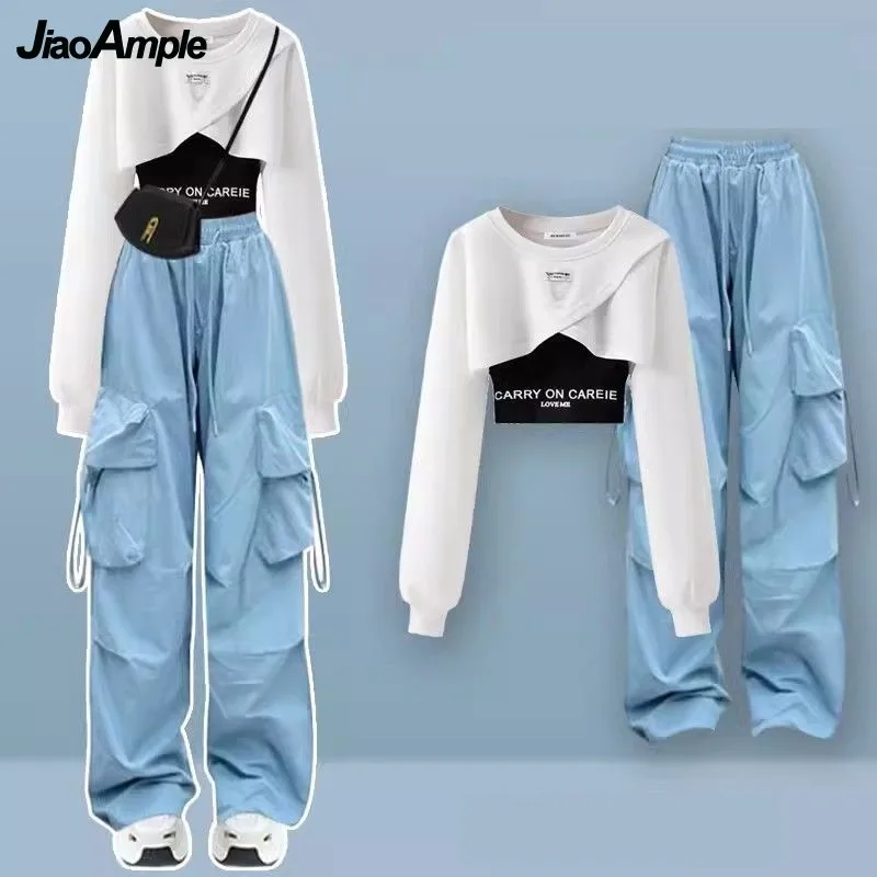 Women\'s Tracksuit Suit 2023 Autumn New Fashion Short Sweater+Strap+Cargo Pants Three Piece Korean Elegant Matching Set