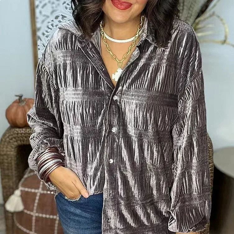 Velvet Shirt for Women Loose Fit Multi Button Shirts Blouse Top Spring Summer