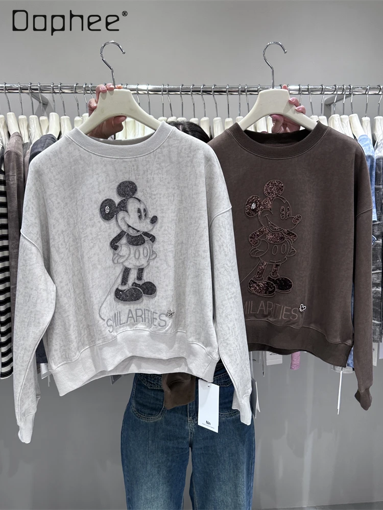 

2024 Autumn New Women's Clothing European Goods Heavy Industry Cartoon Sequins Long-sleeved Pullover Thin Loose Short Sweatshirt