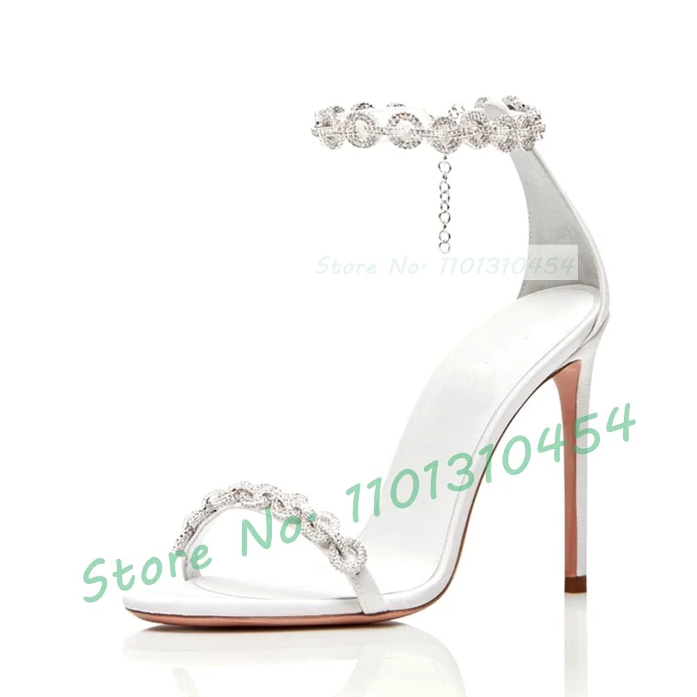 Crystal Chain-link Blue Sandals Women Luxury Lustrous Satin High Heels Shoes Summer Ladies Diamond Strap Open Toe Elegant Shoes