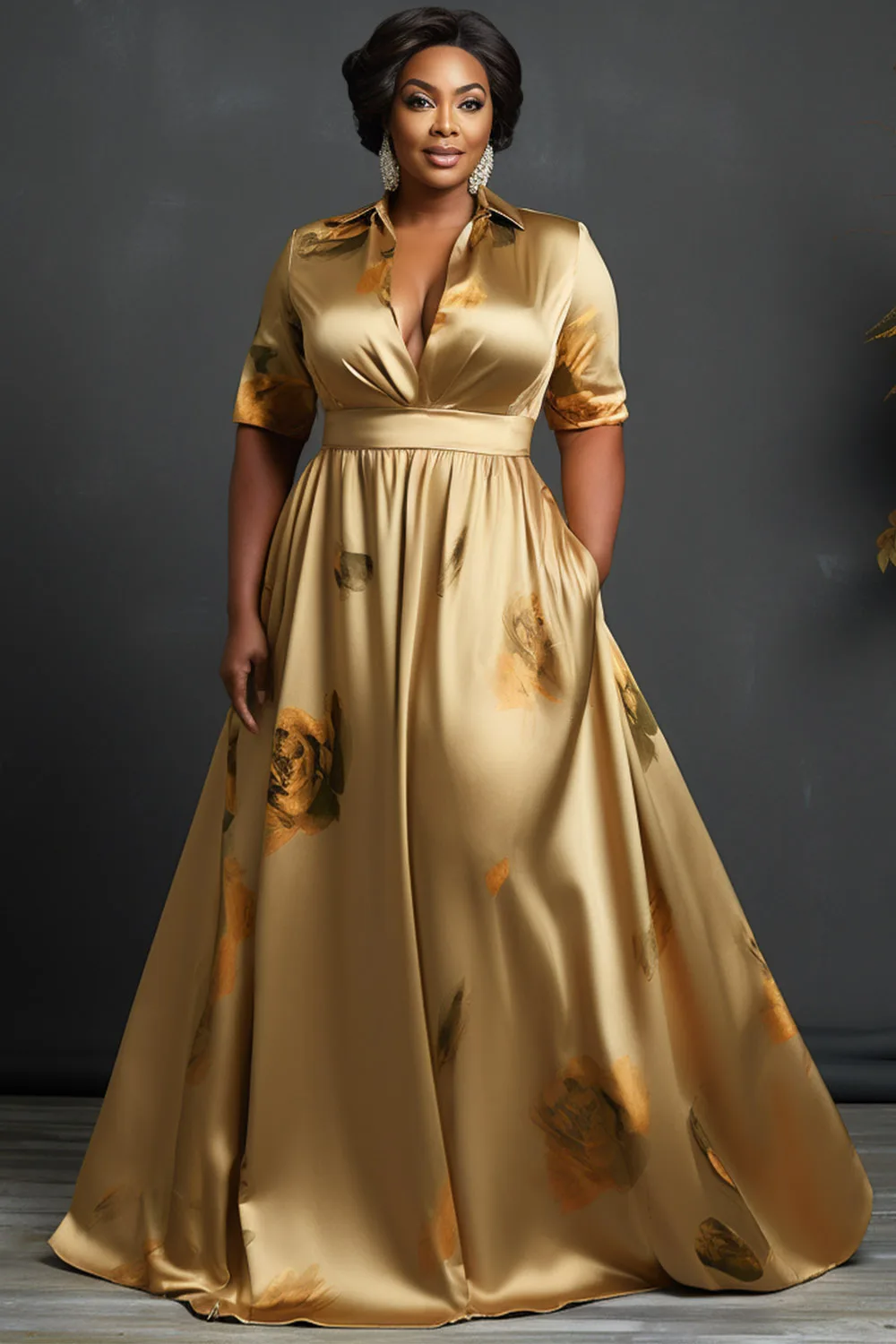

Plus Size Formal Gold Elegant Floral Shirt Collar Short Sleeve Pocket Satin Maxi Dresses