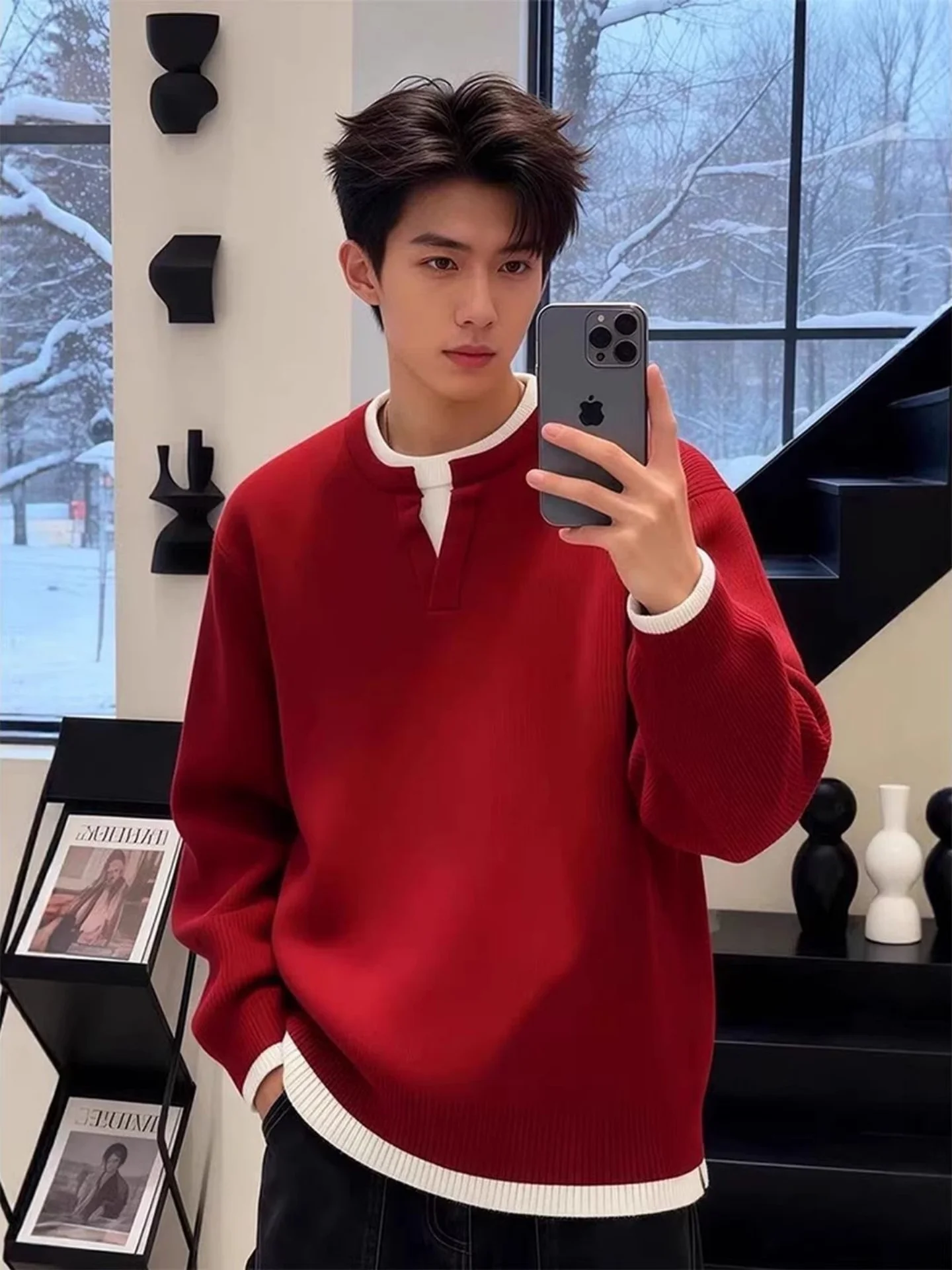 

Loose Casual Red Knitted Sweater Fake Two-Piece Men's Winter Faion Comfortable Breathable Zipper Closure Street Sle Top