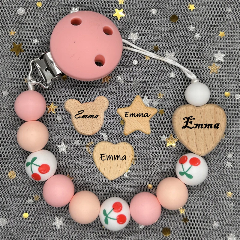 Custom Name Wood Personalized Baby Pacifier Chain Clip Silicone Bead Dummy Nipple Holder With Name Teether Pendant Newborn Gift