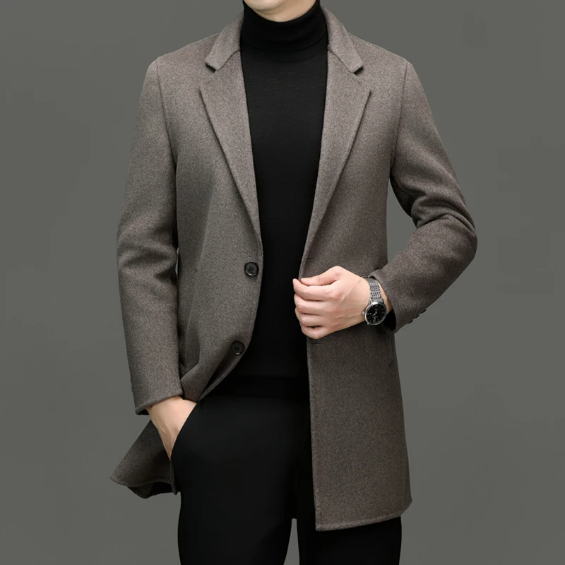 

Quiet Luxury Men's Double-Faced Wool Overcoat Hand Sewn Coat Black Coffee Gray Coffee Woolen Attire Old Money Style Outfits 2025