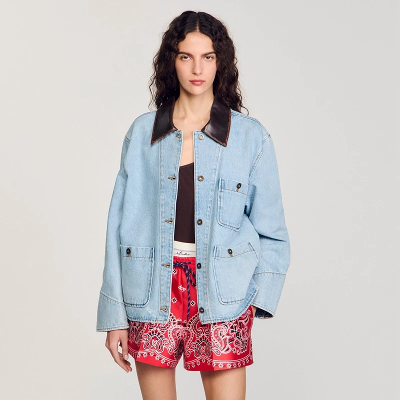 Asa printemps été nouveau col en cuir pour femmes Denim Jaet BL0080 trajet Sle Long Sve coupe ample une pièce