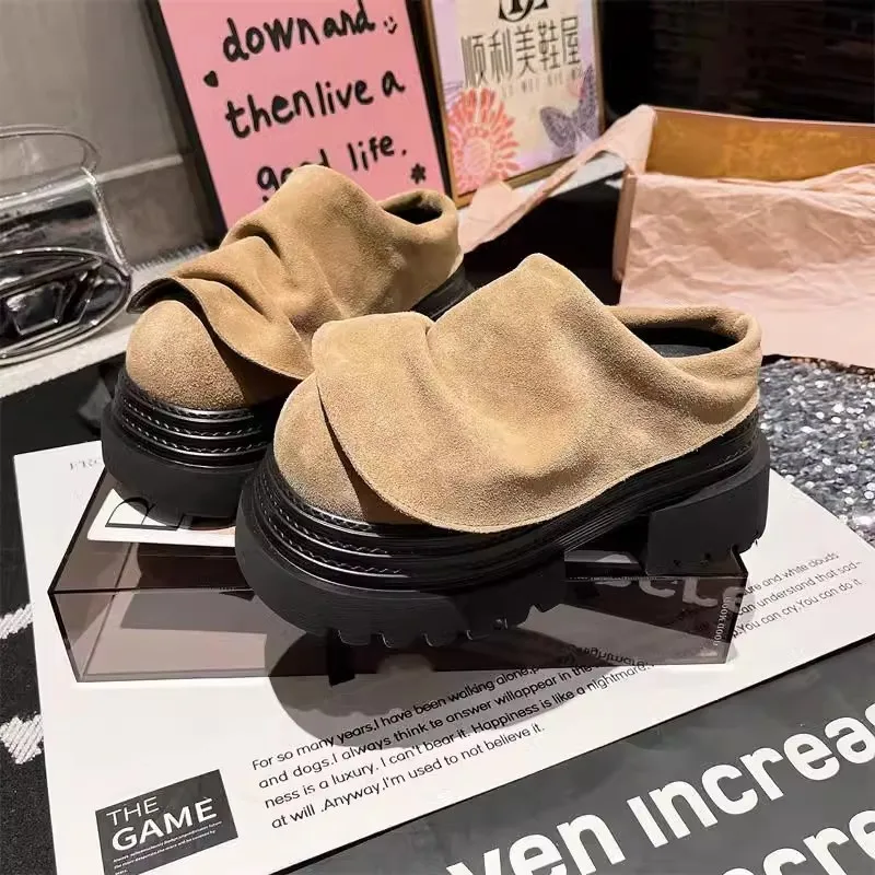 Women's Sponge Cake Sole Slippers Ruffle Edge Cover Toe Suede Shoes Women Personality Spring Autumn Fashion Zapatillas De Mujer