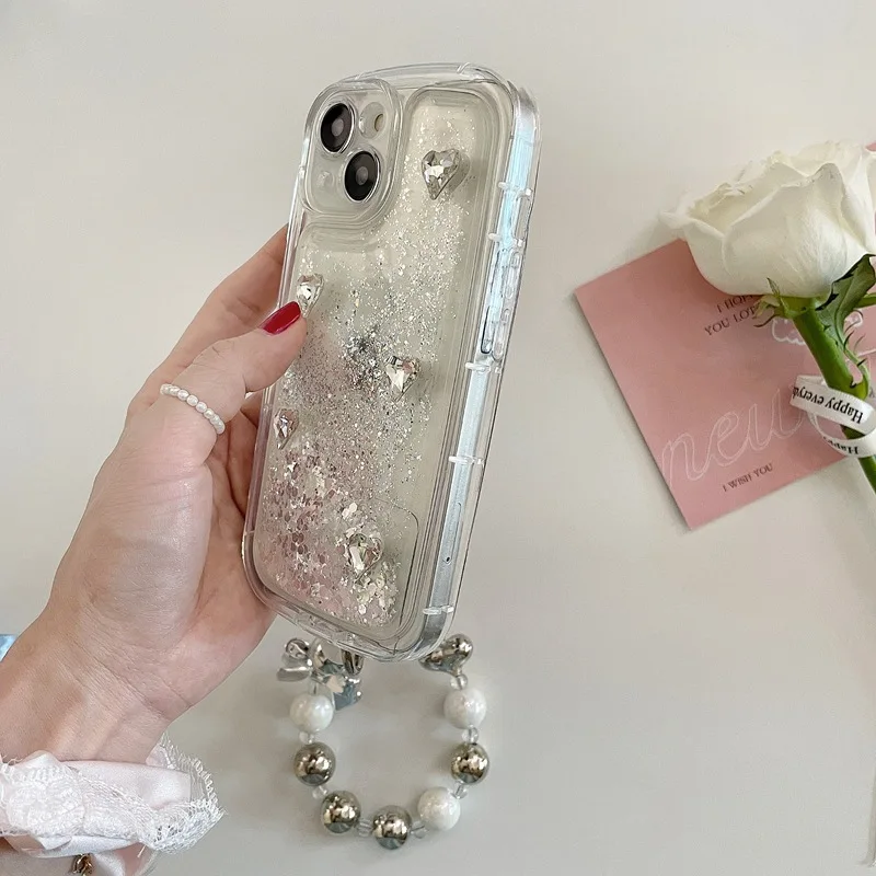 Ins الفاخرة الفضة 14ProMax 13 12 برو حالة الهاتف ل الرمال المتحركة بريق آيفون حالة 11 مع سلسلة