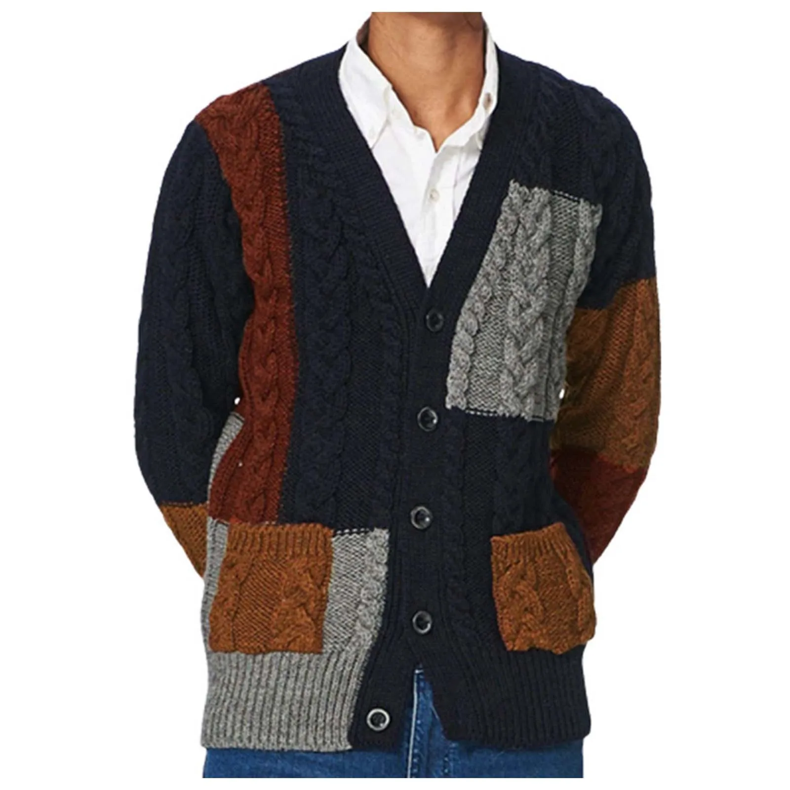 Men's Casual Cardigan Sweater Coat Men's And Winter Patch Color Knitting Shirt Male Ruffle Shawl Long Robe Sweater