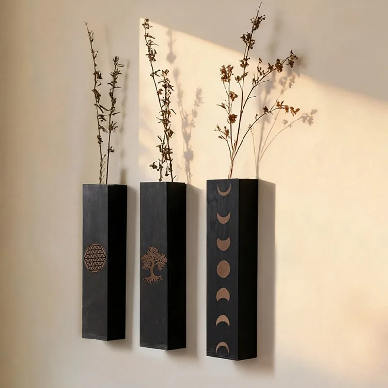 

Elegant Black Wooden Wall Hanging Shelf with Botanical Print Plant Holder Decor for Living Room Bedroom Home Office Gift Idea