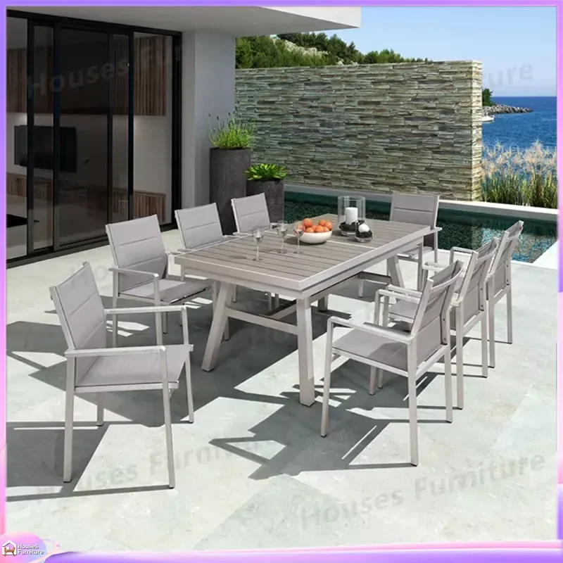 Outdoor Patio Furniture Set Retractable Plastic Wood Dining Table and Chairs Garden Villa Leisure Deck Balcony Weatherproof