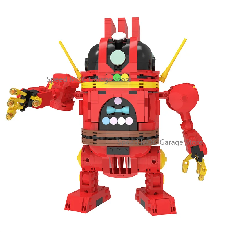 Vintage Space Cartoon Robot MOC Brick Set Articulated Poseable Mecha Figure Red Color Building Blocks Tabletop Display Ornament