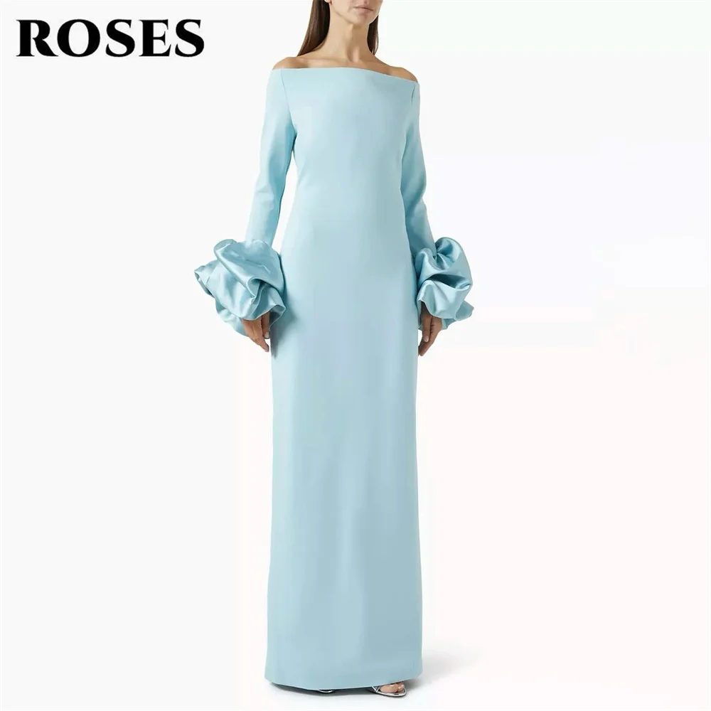 

ROSES Light Blue Evening Dress Off Shoulder Formal Gown with Ruffled Bell Sleeve Night Dresses Straight Prom Dresses Customized