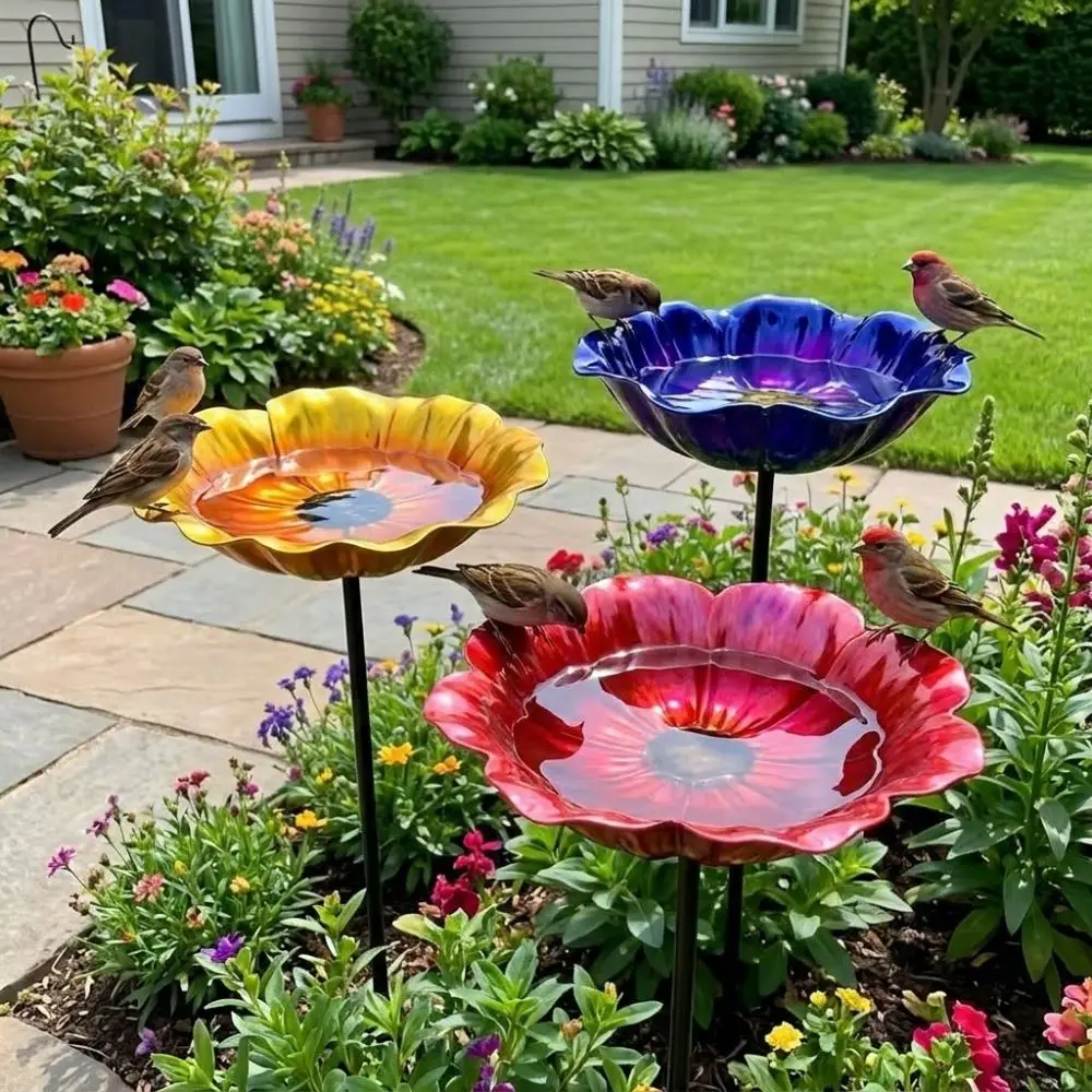 Handmade Metal Bird Bath Stake Flower Shape Weather Resistant Garden Bird Feeder Vintage Style Detachable Bird Drinking Station