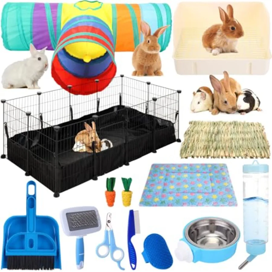 

104 Pcs Rabbit Starter Kit Litter Box Bunny Tunnel Pet Playpen with Waterproof Mat Water Bottle Animal Grooming Kit Bowl Blanke