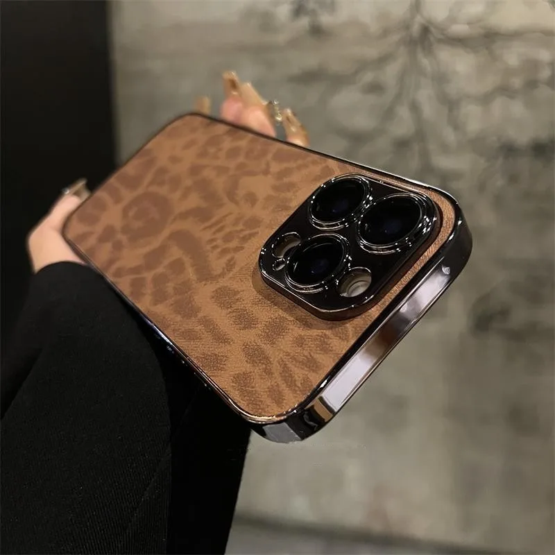 Funda de cuero de lujo con textura de leopardo para iPhone 17 Air 16 15 14 13 12 11 Pro Max Plus, con protección de lente, suave y a prueba de golpes 6