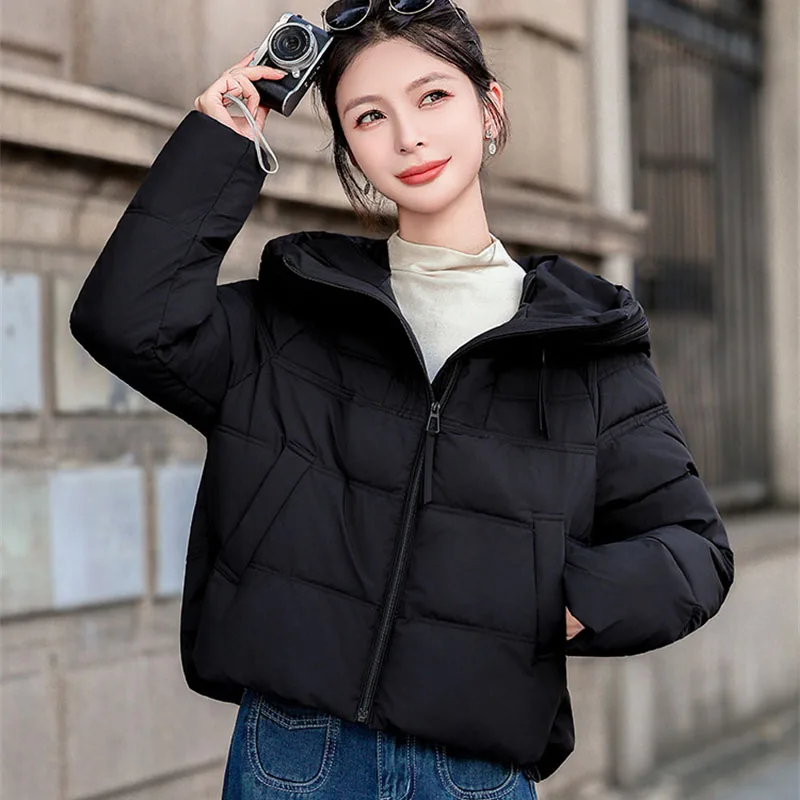 

Winter Short Jacket 2025 New Women's Down Cotton Padded Jackets Long Sleeve Loose Hooded Down Coats Korean Casual Outwear Trend
