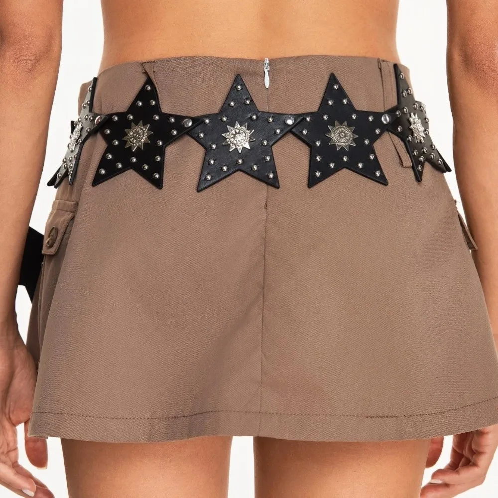 Y2K Retro Ster Patchwork Riem Vijfpuntige Ster PU Leer Punk Riem Brede Western Cowboy Riem voor Dames