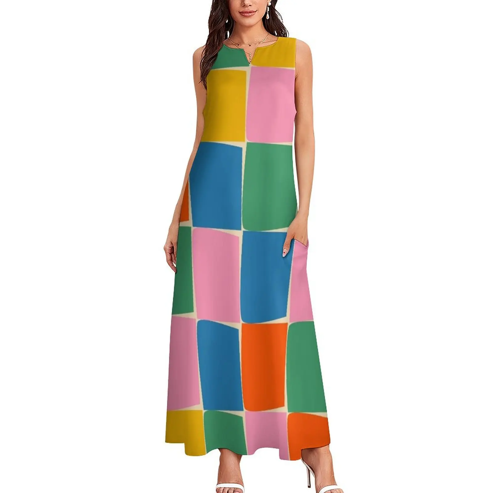 Flux Modern Check Colourful Grid Pattern in Rainbow Pop Colours Long Dress summer dress daily dresses summer woman 2024