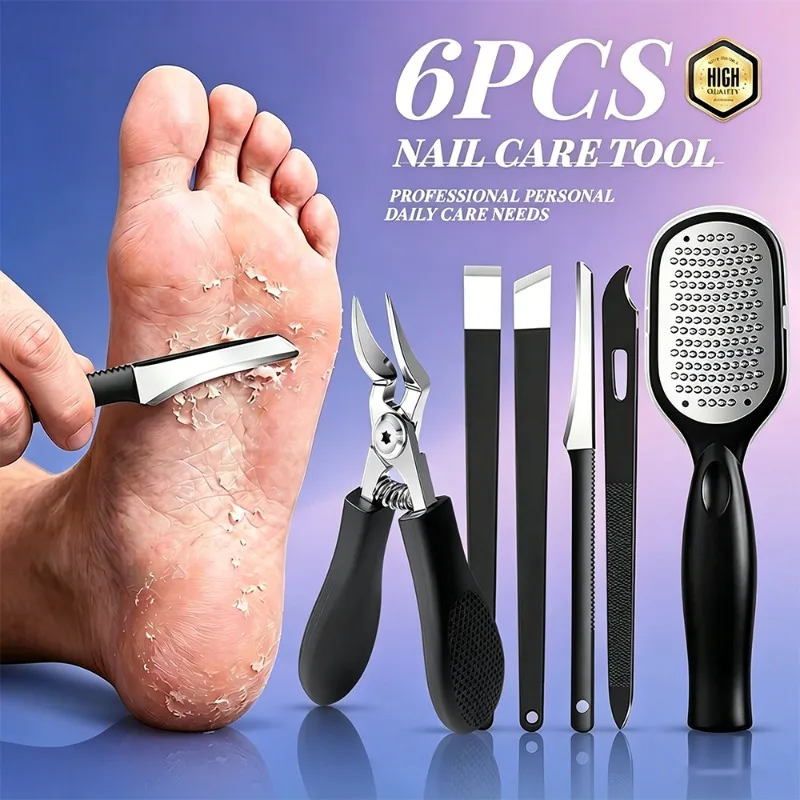 6-teiliges Hochwertiges Pediküre- und Maniküre-Set aus Edelstahl mit Nagelknipsern/Nagelhautschieber/Hornhautentferner/Instrument für eingewachsene Zehennägel