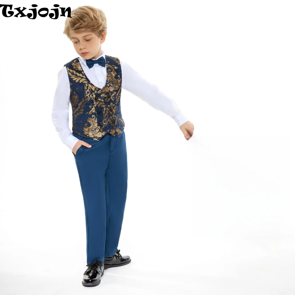 

Txjojn Hot Sale Navy Jacquard Boys Suits 2 Pieces Vest Pants Piano Performance Wear Handsome Formal Kids Suit Set Wedding Outfit