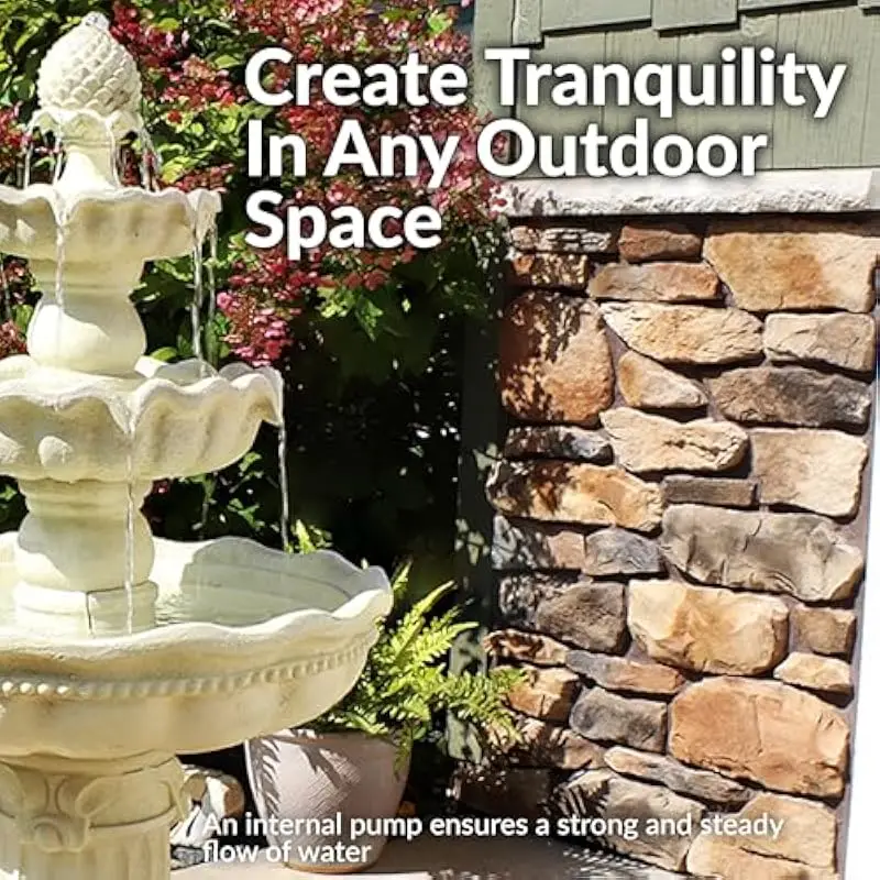 51 Inch Tall Outdoor Resin Fountain with Pineapple Finial and Triple-Tier Cascading Design in Off-White Finish • Weatherproof Po