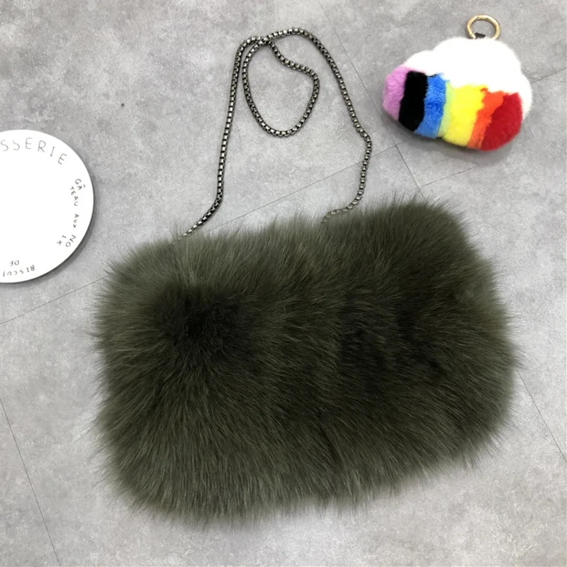 Winter Fox Fur Bag With Chain Natural Fox Fur Shoulder Bags For Women Luxury Fur Handbag Large Clutch Bag Female Winter Hand Bag