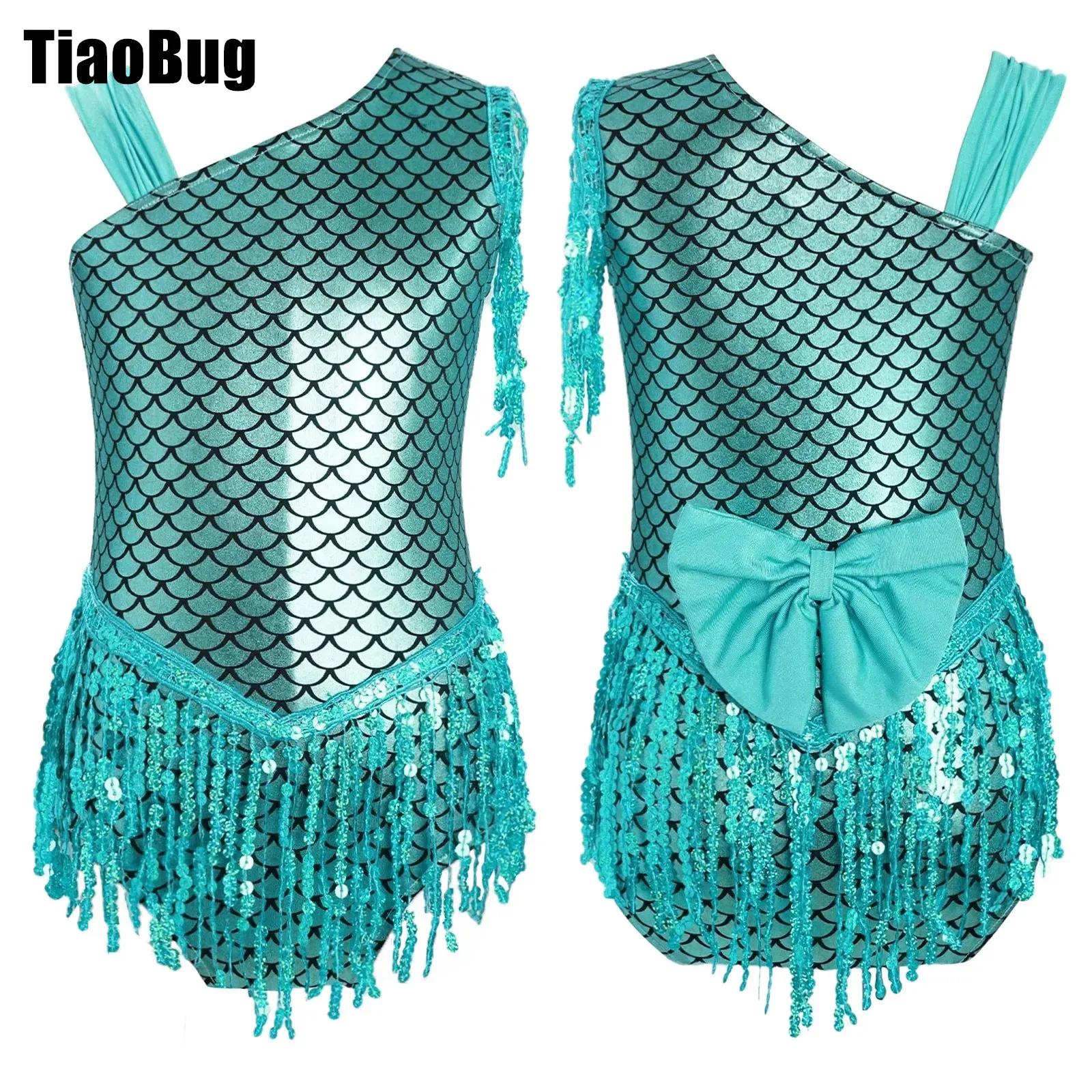 

Kids Girls Metallic Dance Leotard Bowknot Back Sparkly Sequins Tassels Bodysuit for Halloween Theme Party Performance