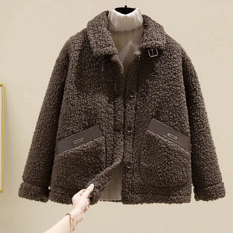 Manteau court en fourrure d'agneau en peluche pour femmes, vestes décontractées pour femmes, cardigan à poche, sourire polaire, automne, hiver, Y-Korean, 2023 Nouveau