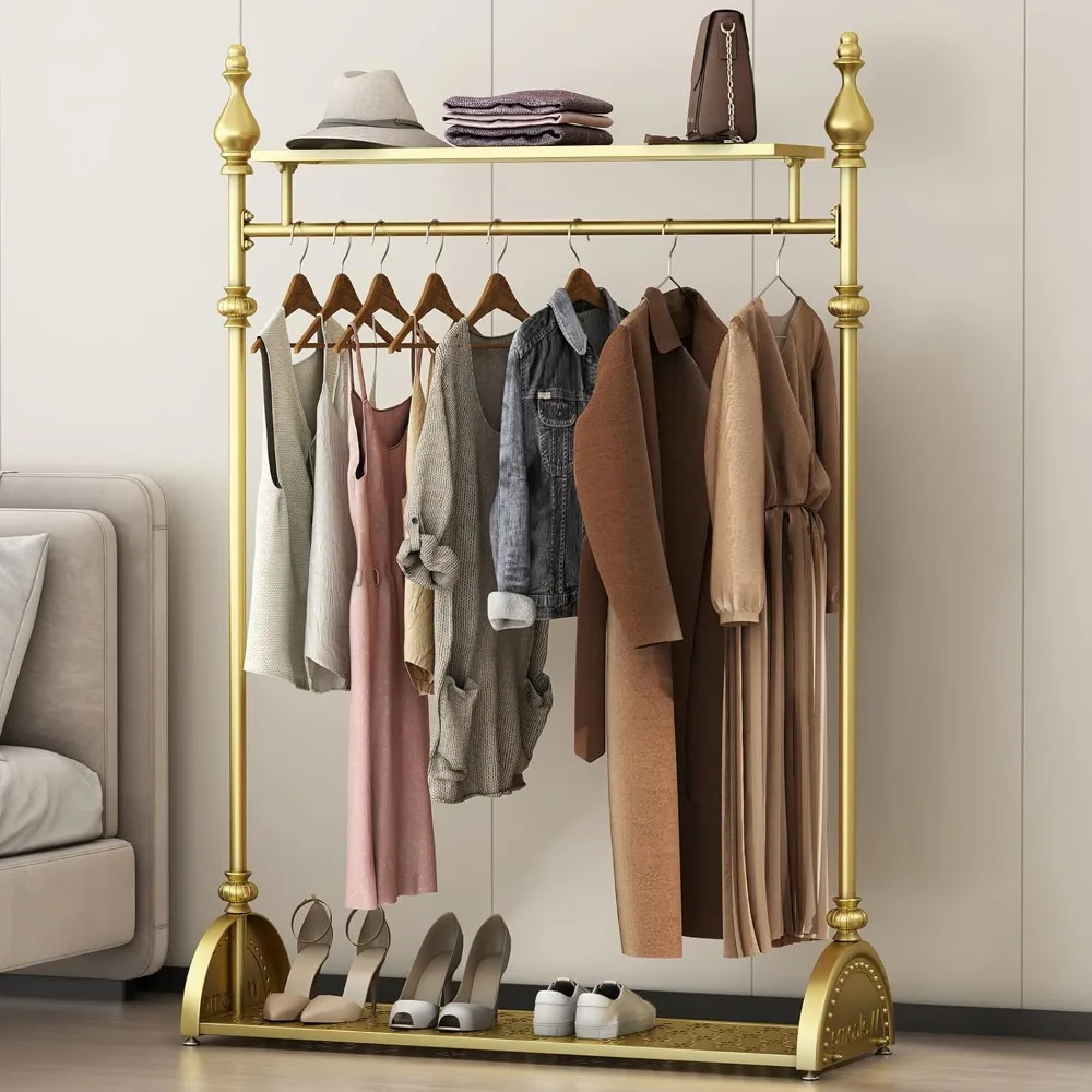 

Clothing Rack Gold, Industrial Clothes Rack for hanging Clothes with Double Shelves Freestanding Multi-functional Heavy Duty Gar