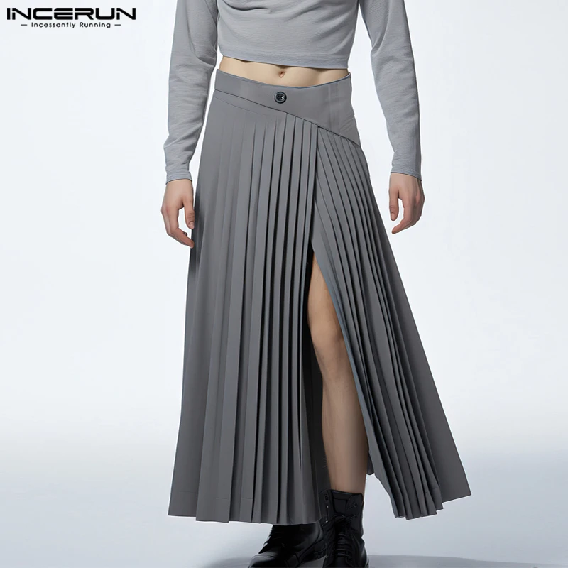 INCERUN-faldas plisadas con cremallera para hombre, pantalones informales de moda, holgados e irregulares, ropa de calle dividida, 2023