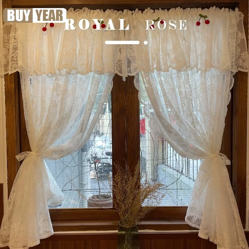 

Cotton White Warp Ruffled Cherry Curtains For Living Room French Elegant Lace Valance Curtains For Bedroom Wedding Curtains A583