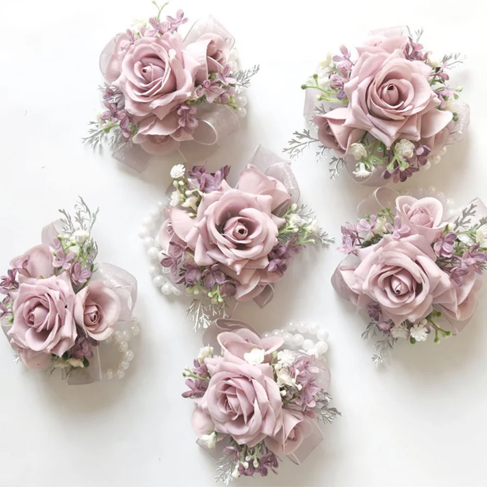 

Simple Light Pink Wedding Party Men Groom Boutonniere Pearl Bridal Wrist Corsage Wedding Decorations