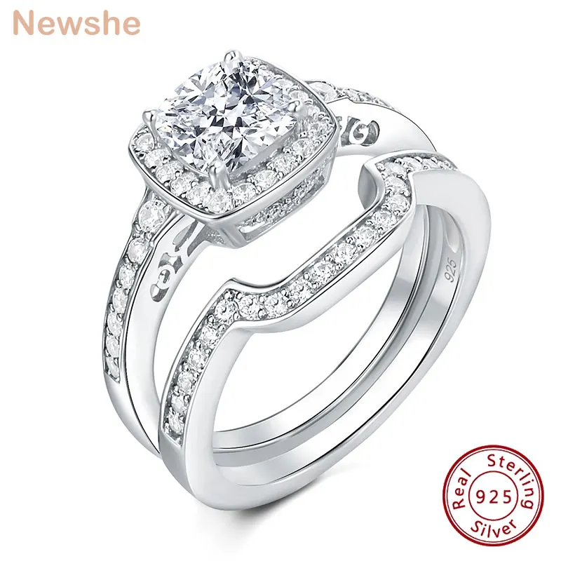 Newshe Original 925 Sterling Silver Wedding Rings Set for Women Cushion Cubic Zircon 2 Pieces Couples Luxury Engagement Ring