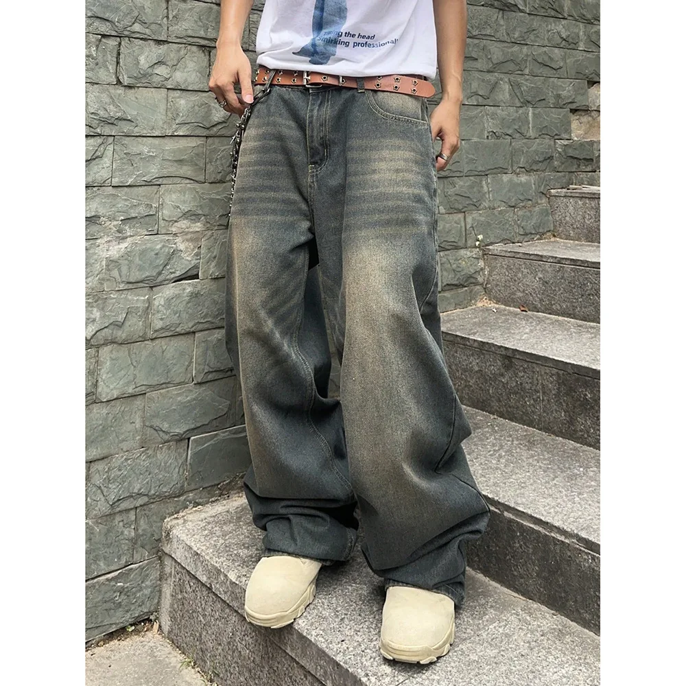 Four Seasons New Fashion Men's Vintage Casual Trendy Basic Wide Leg Straight Jeans Pants Male Vintage Denim Trousers Clothes