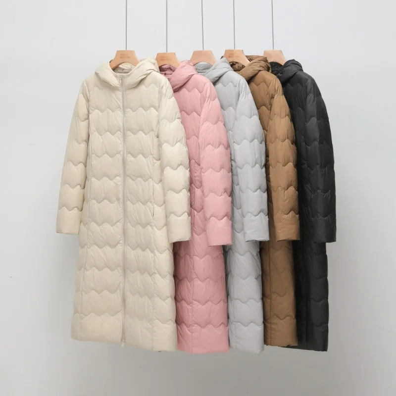 

Autumn and Winter Extended Down Jacket 2025 New 90% White Duck Down Ladies Hooded Wave Line Down Jacket Warm Outdoor Coat