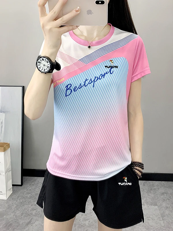 

TUCANO Women's Ice Silk Sports ort Sve T-irt Set Ultra-Thin Breathable Qui-Dry Fitn Running Summer Two-Piece Set