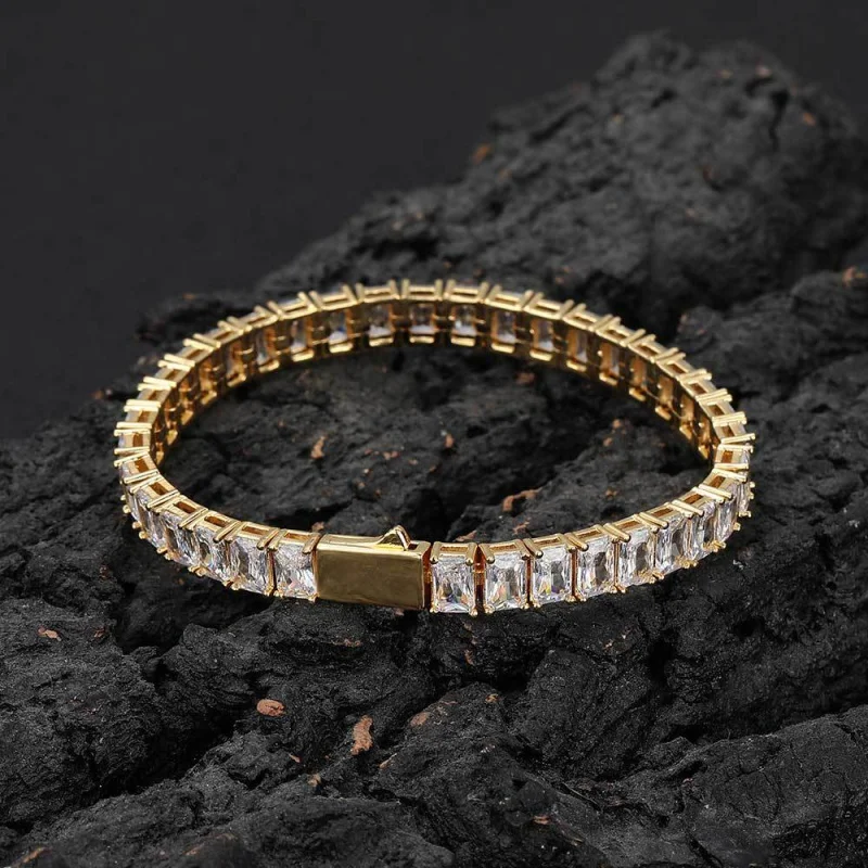 European Hip Hop Bracelet7mmSpring Fastener Rectangular Zircon Tennis Chain Advanced Sense Ornament Men's Bracelet